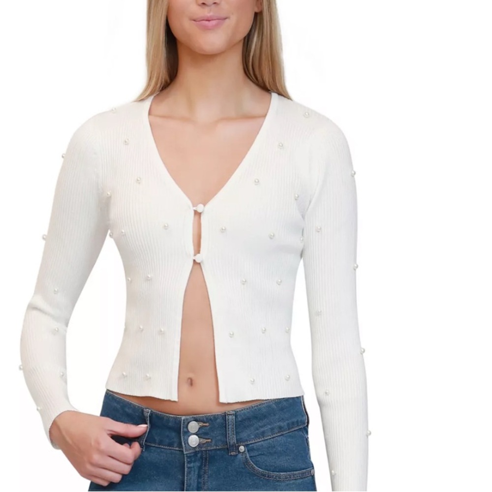 Madden Girl White Pearl-Embellished Cardigan